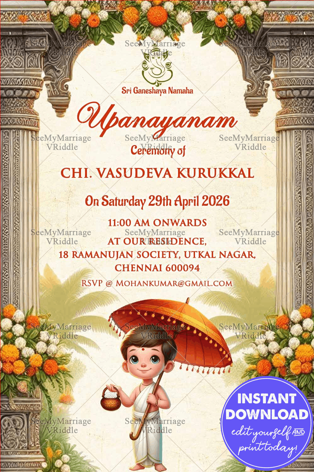Ornate Upanayanam Ceremony Invitation with Ganesha Icon and Boy Illustration