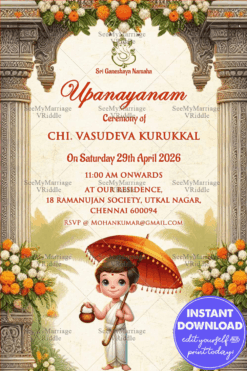 Ornate Upanayanam Ceremony Invitation with Ganesha Icon and Boy Illustration