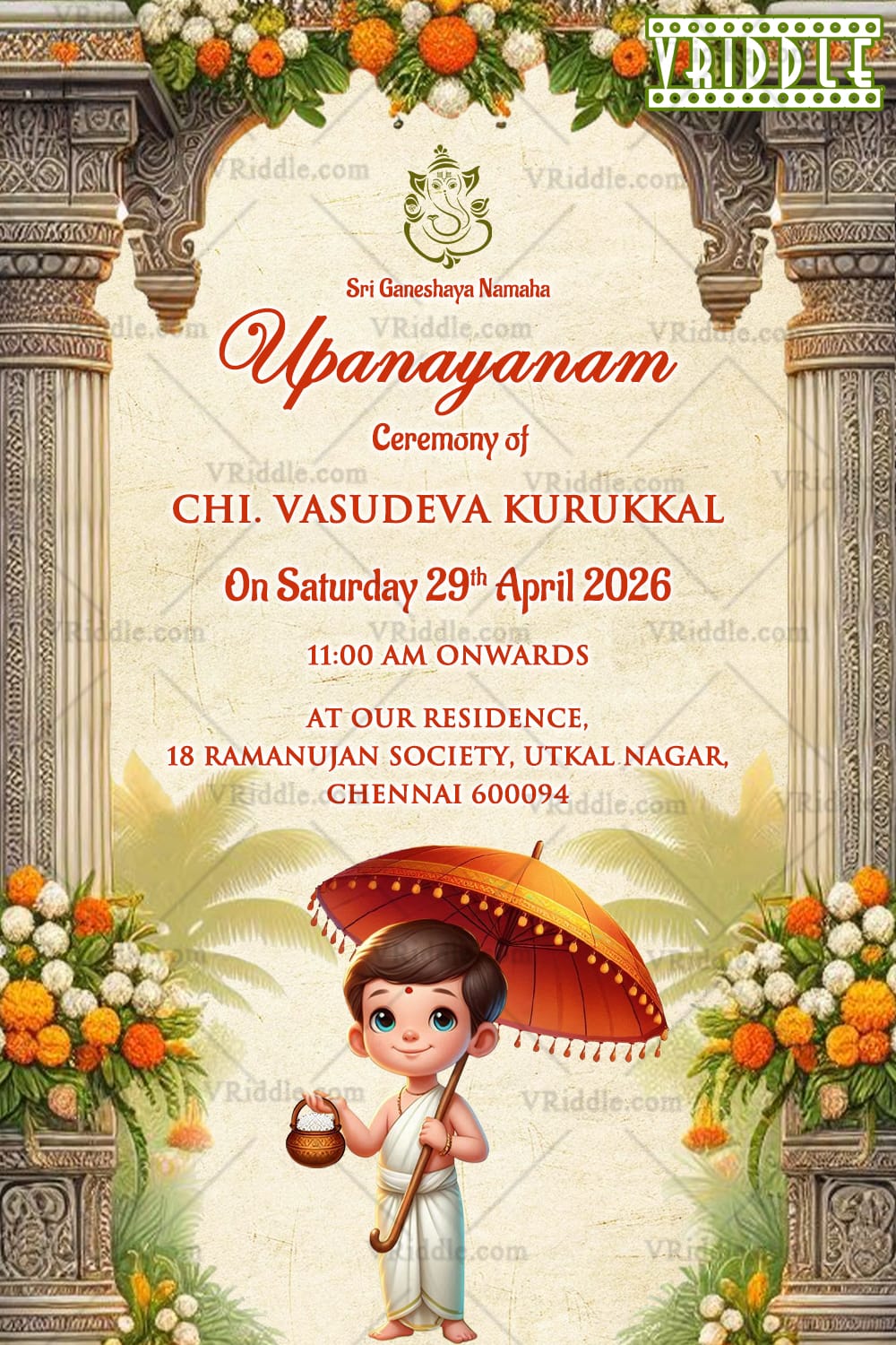 Ornate Upanayanam Ceremony Invitation with Ganesha Icon and Boy Illustration