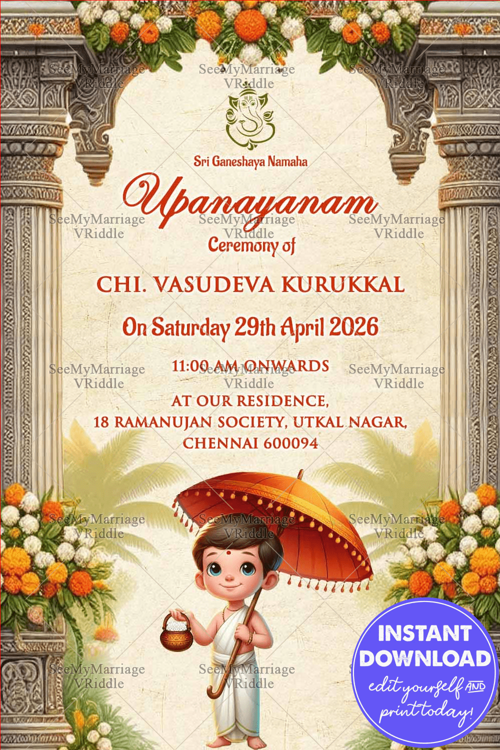 Ornate Upanayanam Ceremony Invitation with Ganesha Icon and Boy Illustration