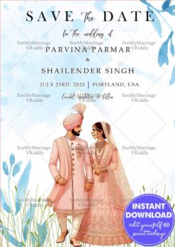 Pastel Indian Wedding Save the Date Invitation with Bride and Groom Illustration
