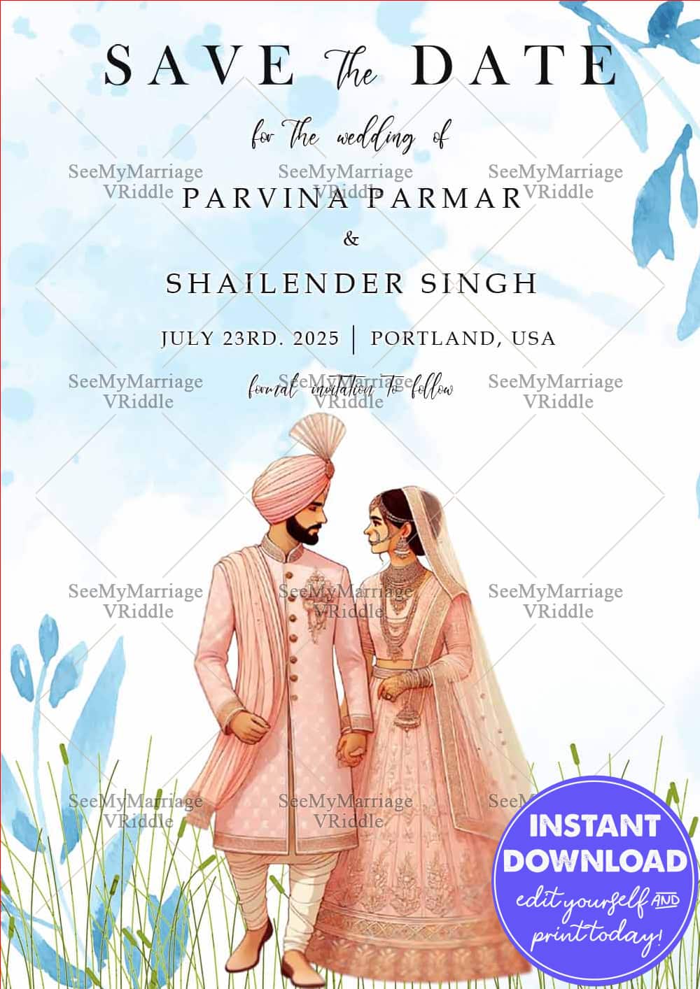 Pastel Indian Wedding Save the Date Invitation with Bride and Groom Illustration