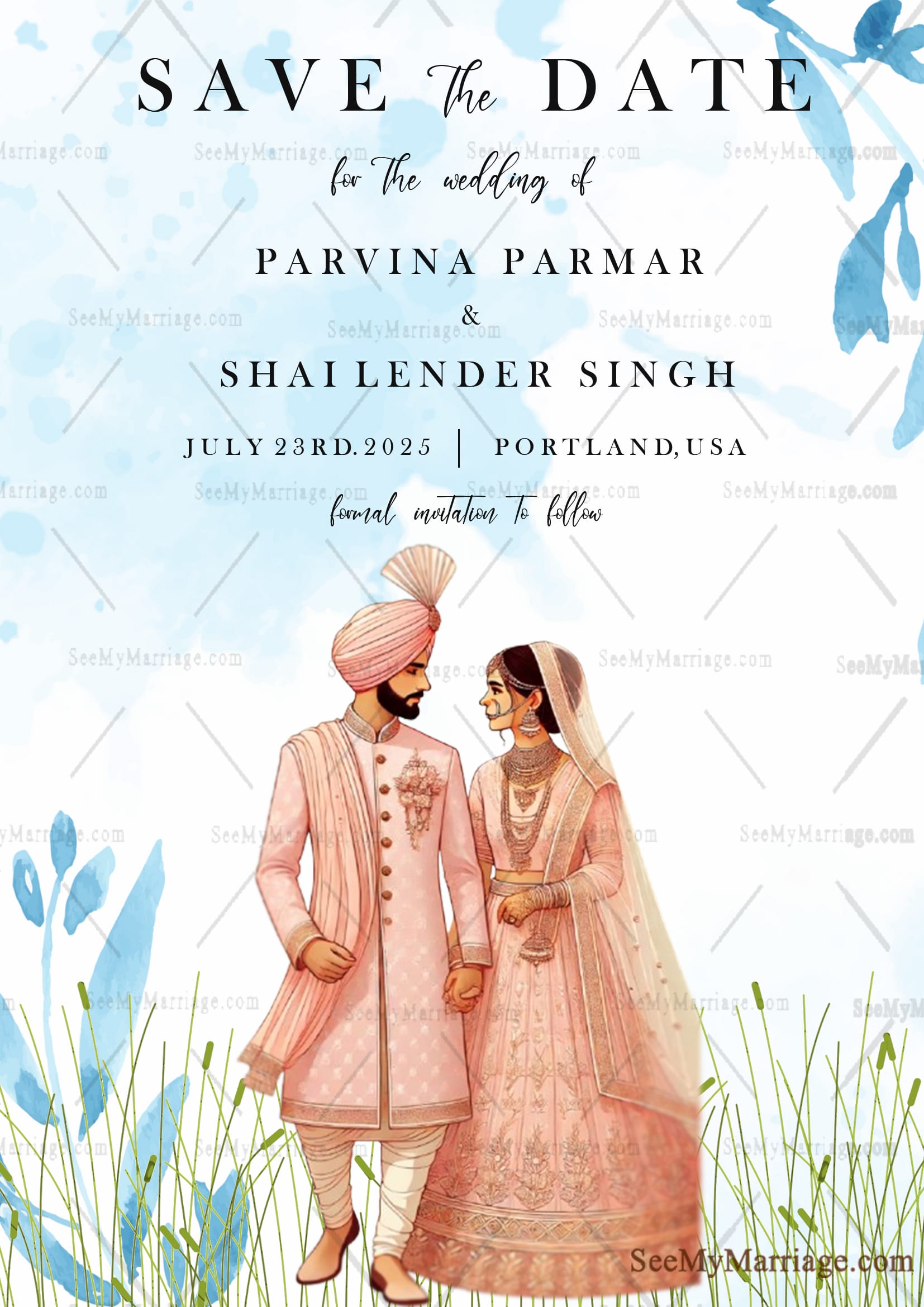 Pastel Indian Wedding Save the Date Invitation with Bride and Groom Illustration