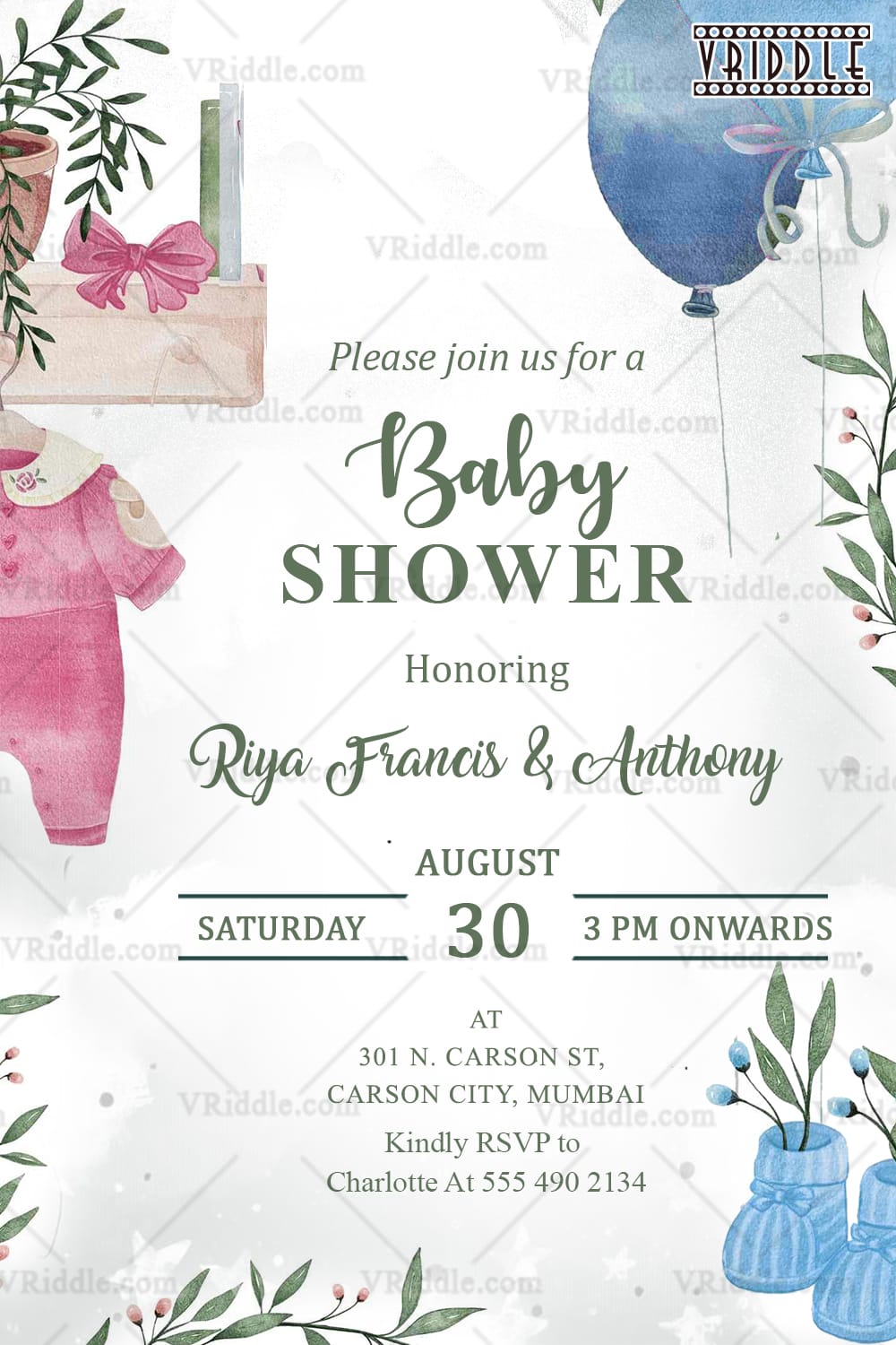Pink Outfit Baby Shower Invitation with Blue Balloon Design