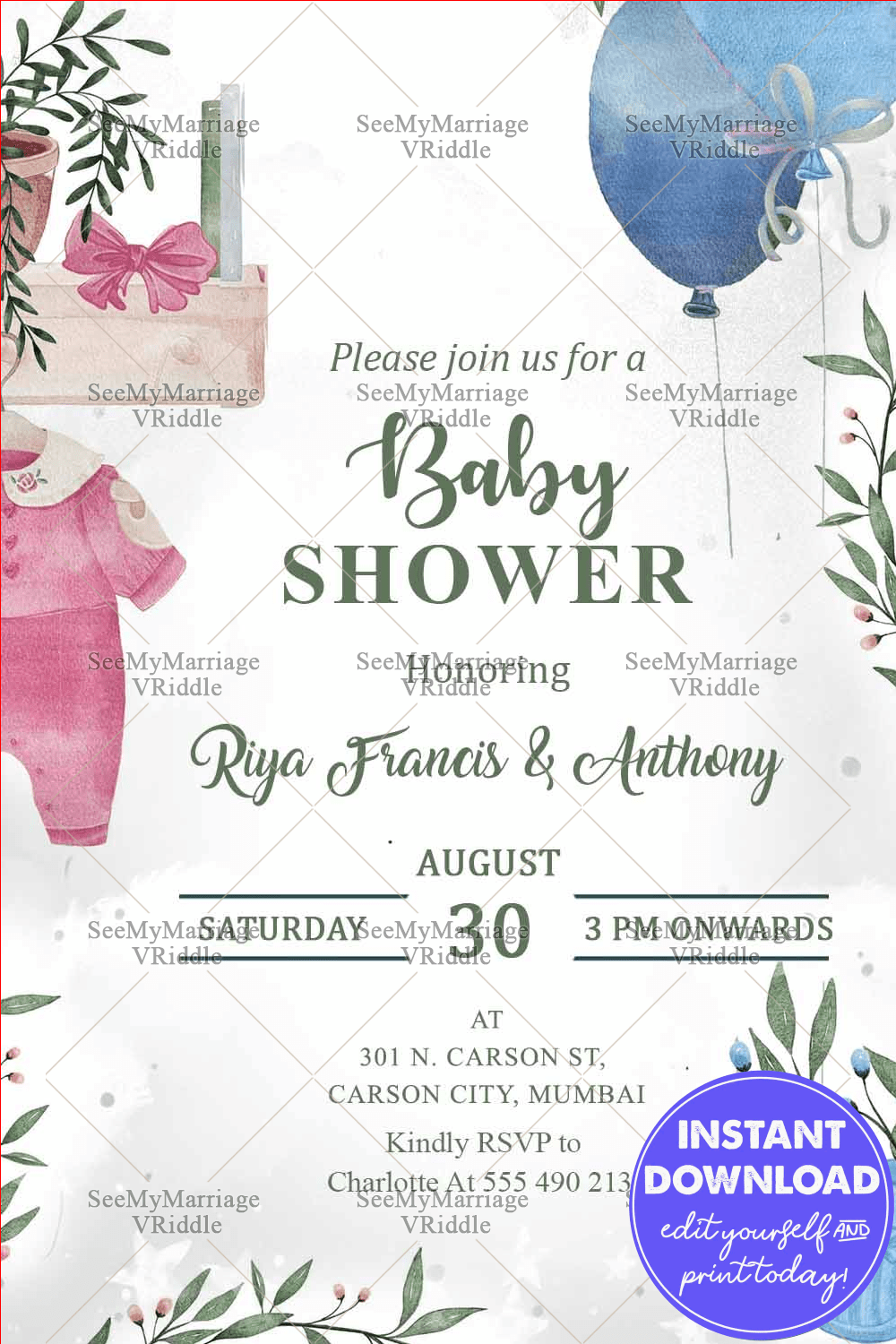 Pink Outfit Baby Shower Invitation with Blue Balloon Design