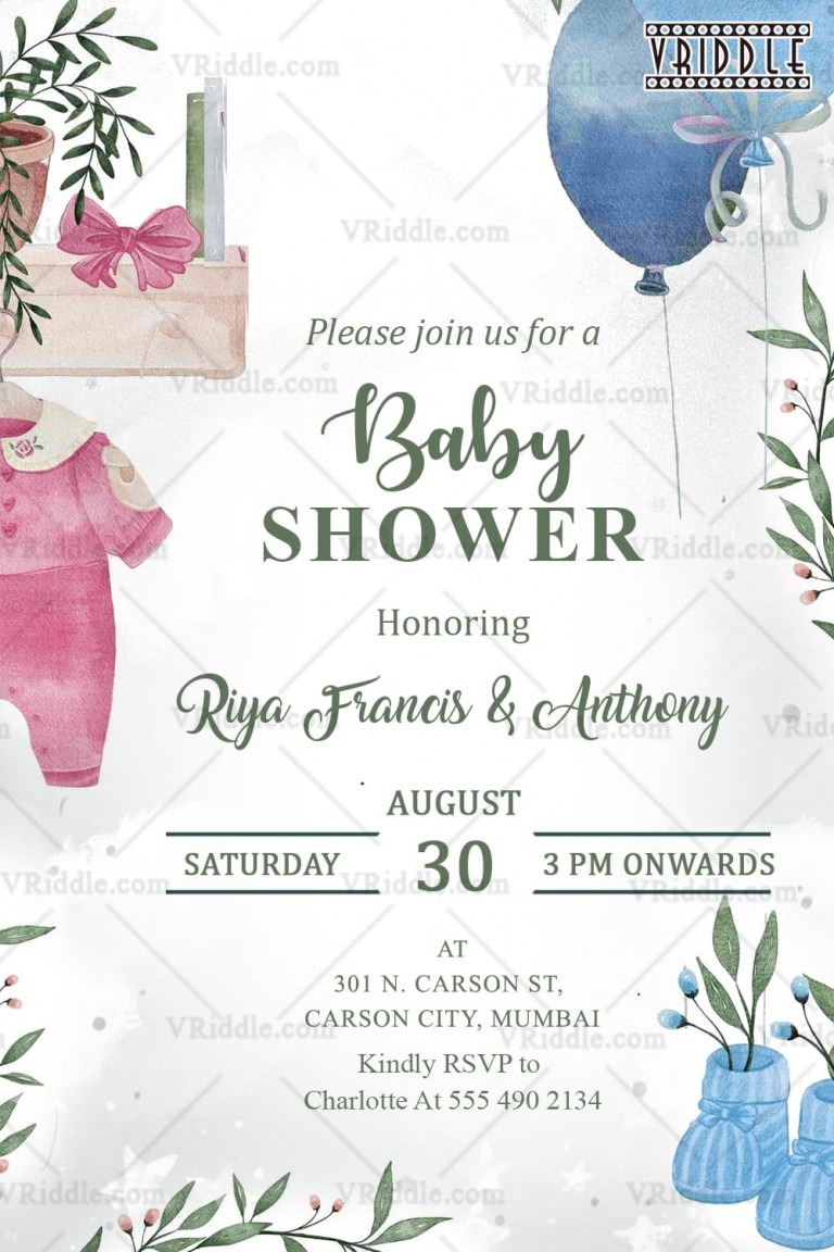 Pink Outfit Baby Shower Invitation with Blue Balloon Design SeeMyMarriage