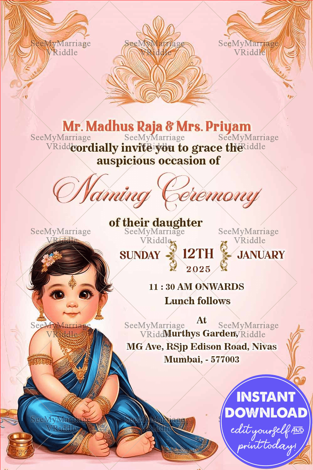 Pink Theme Naming Ceremony Invitation Card with Floral Patterns
