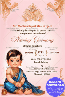 Pink Theme Naming Ceremony Invitation Card with Floral Patterns