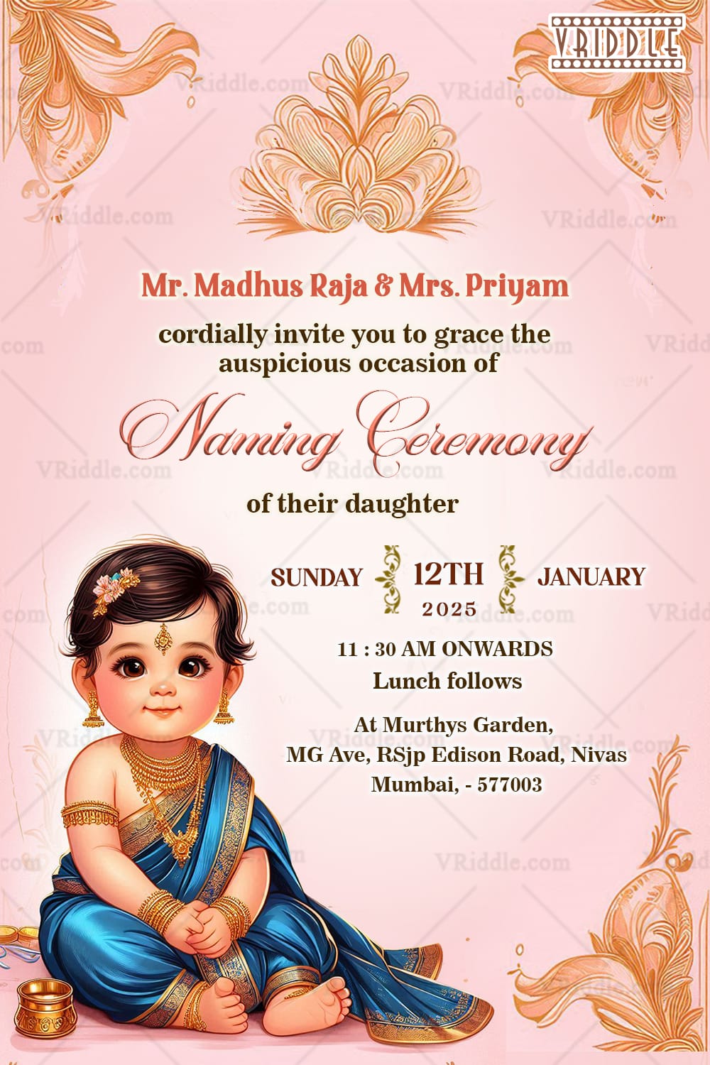 Pink Theme Naming Ceremony Invitation Card with Floral Patterns