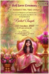 Elegant Pink Half Saree Ceremony Invitation with Floral and Traditional Decor