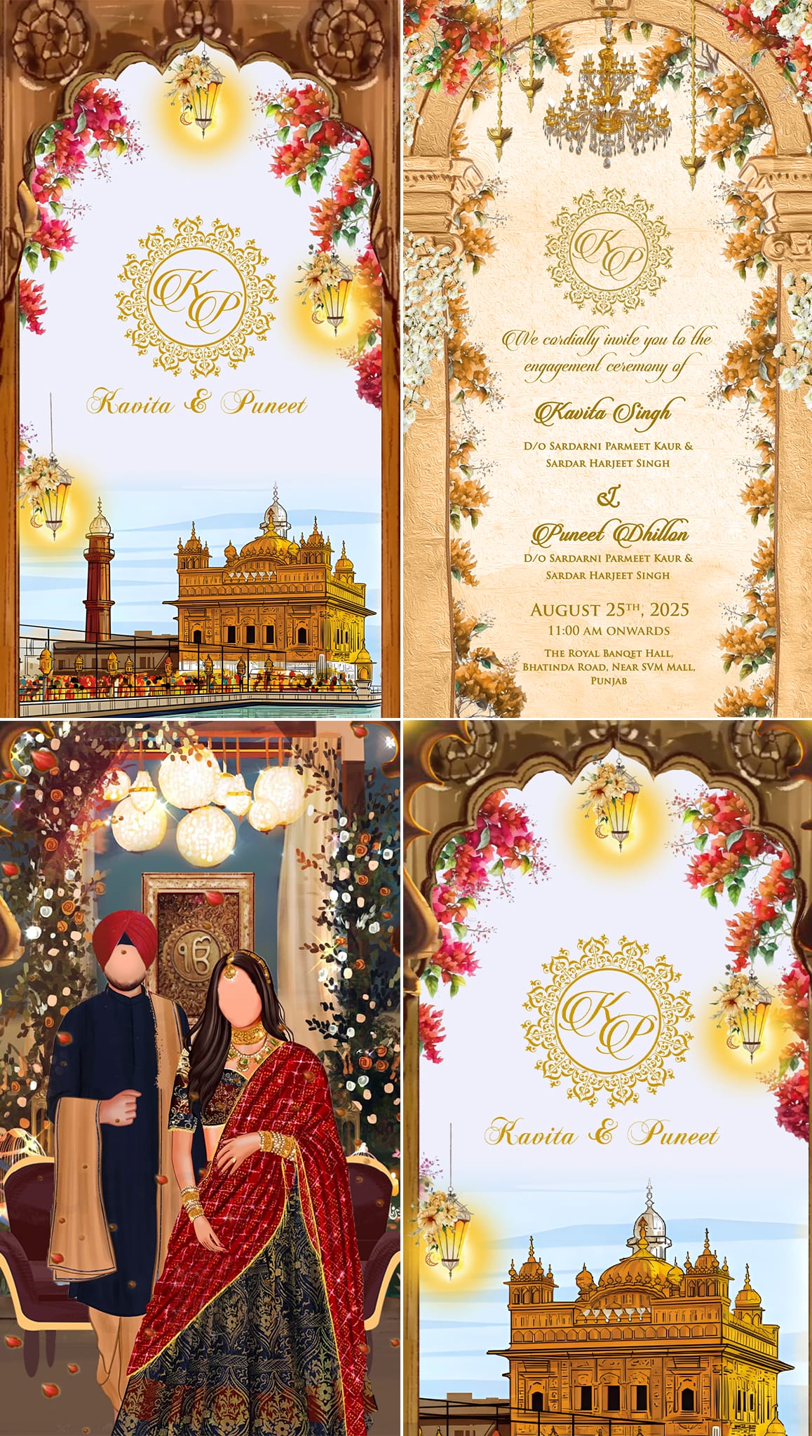 Punjabi Anand Karaj Wedding Ceremony College Card with Golden Architecture Illustration