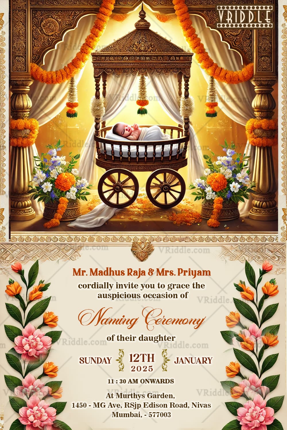 Regal Cradle Naming Ceremony Invitation Card with Golden Architectural Motifs