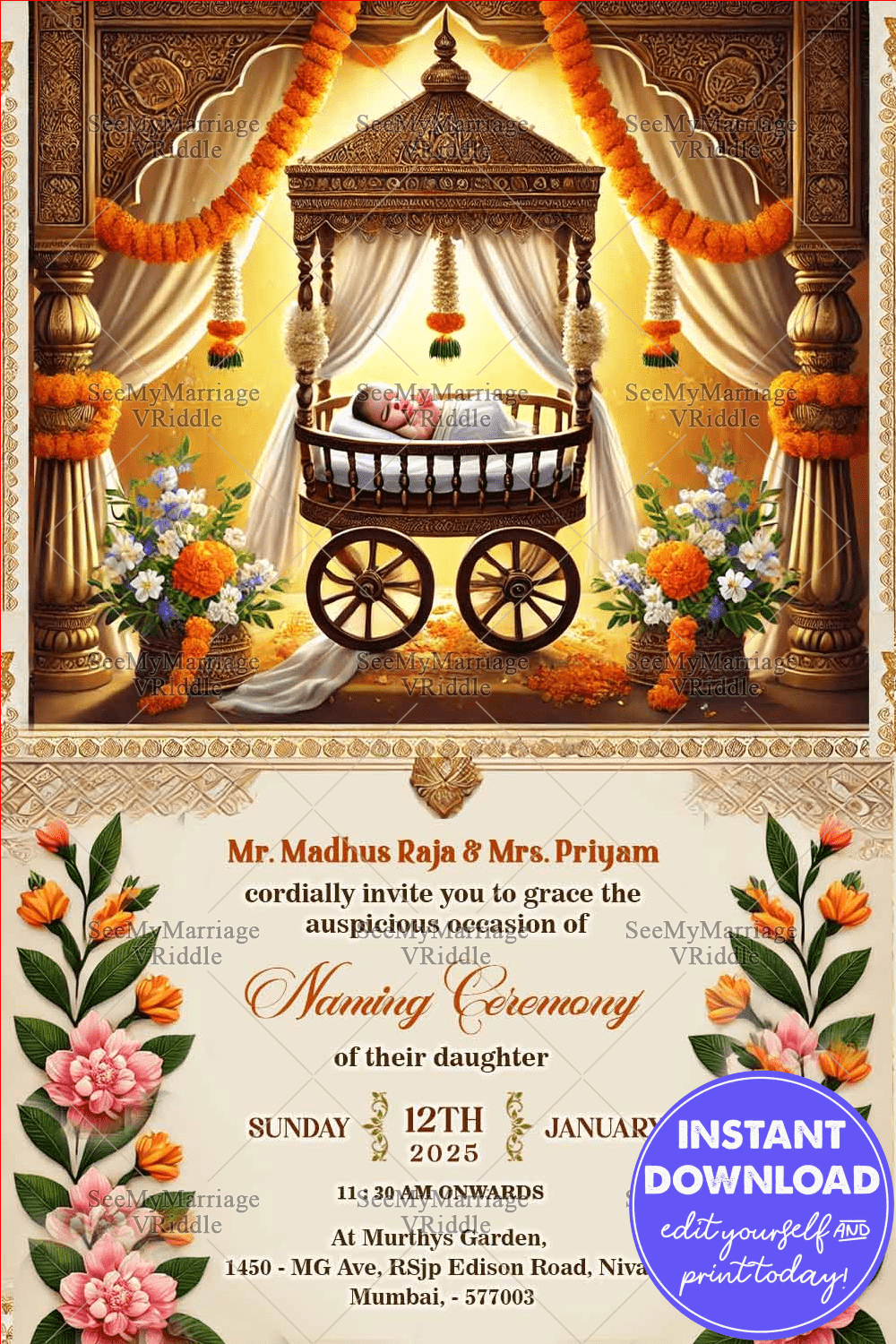 Regal Cradle Naming Ceremony Invitation Card with Golden Architectural Motifs