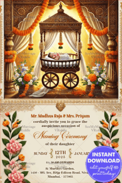Regal Cradle Naming Ceremony Invitation Card with Golden Architectural Motifs