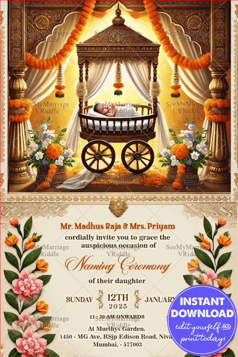 Regal Cradle Naming Ceremony Invitation Card with Golden Architectural Motifs