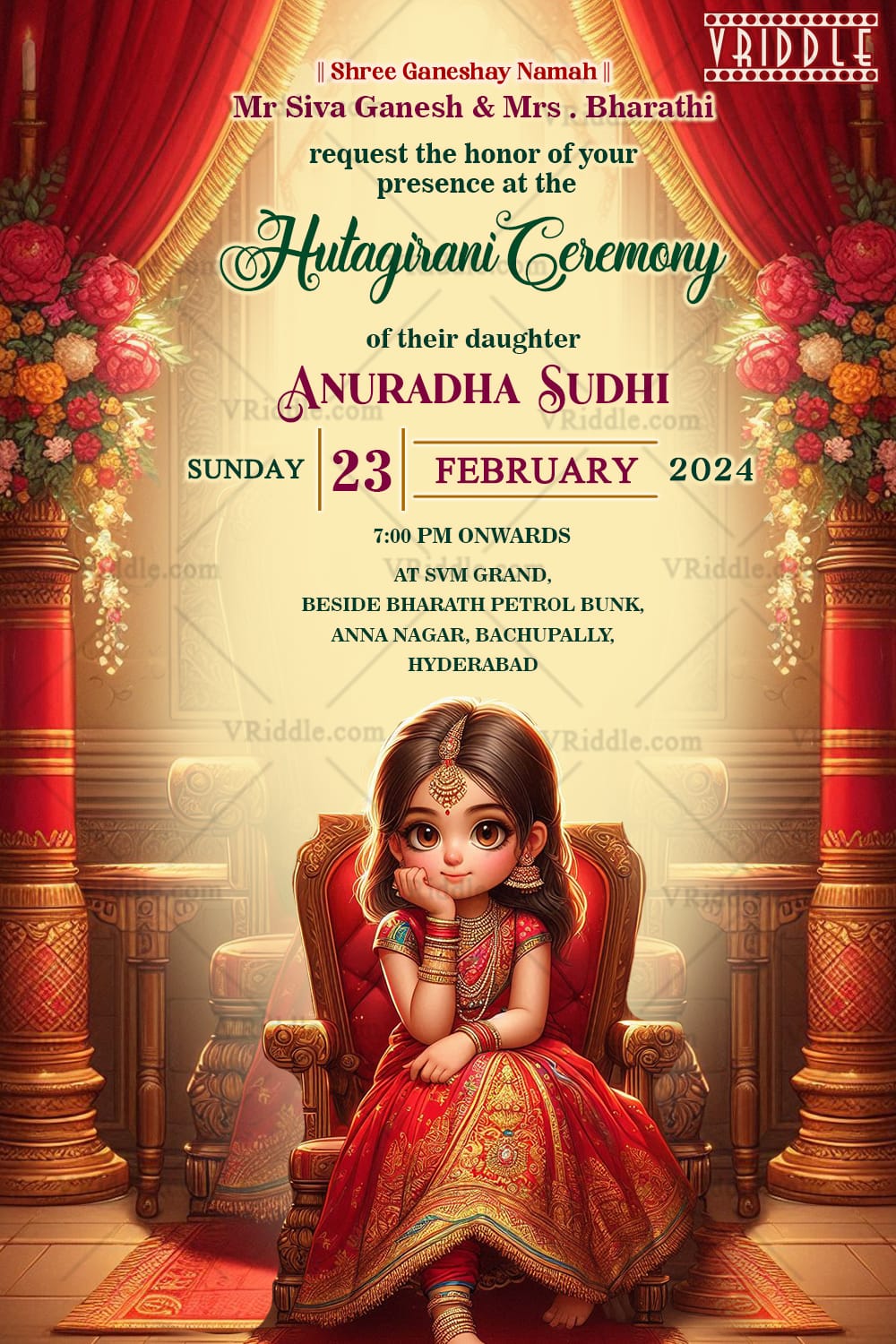 Regal Floral Hutagirani Ceremony Invitation with Elegant Illustration