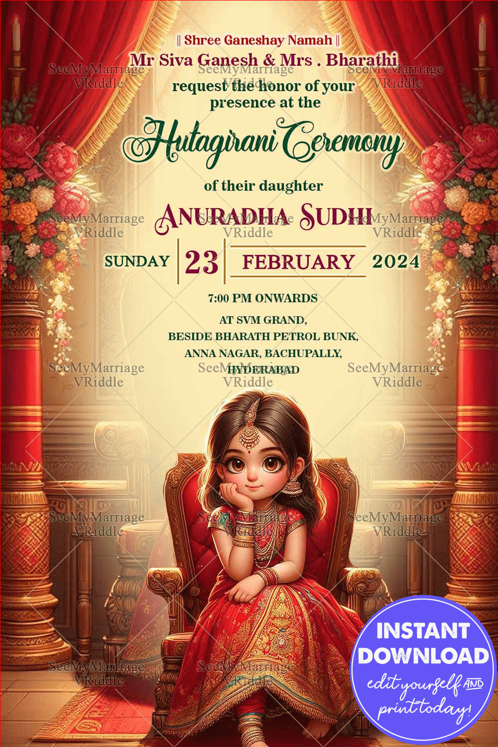 Regal Floral Hutagirani Ceremony Invitation with Elegant Illustration