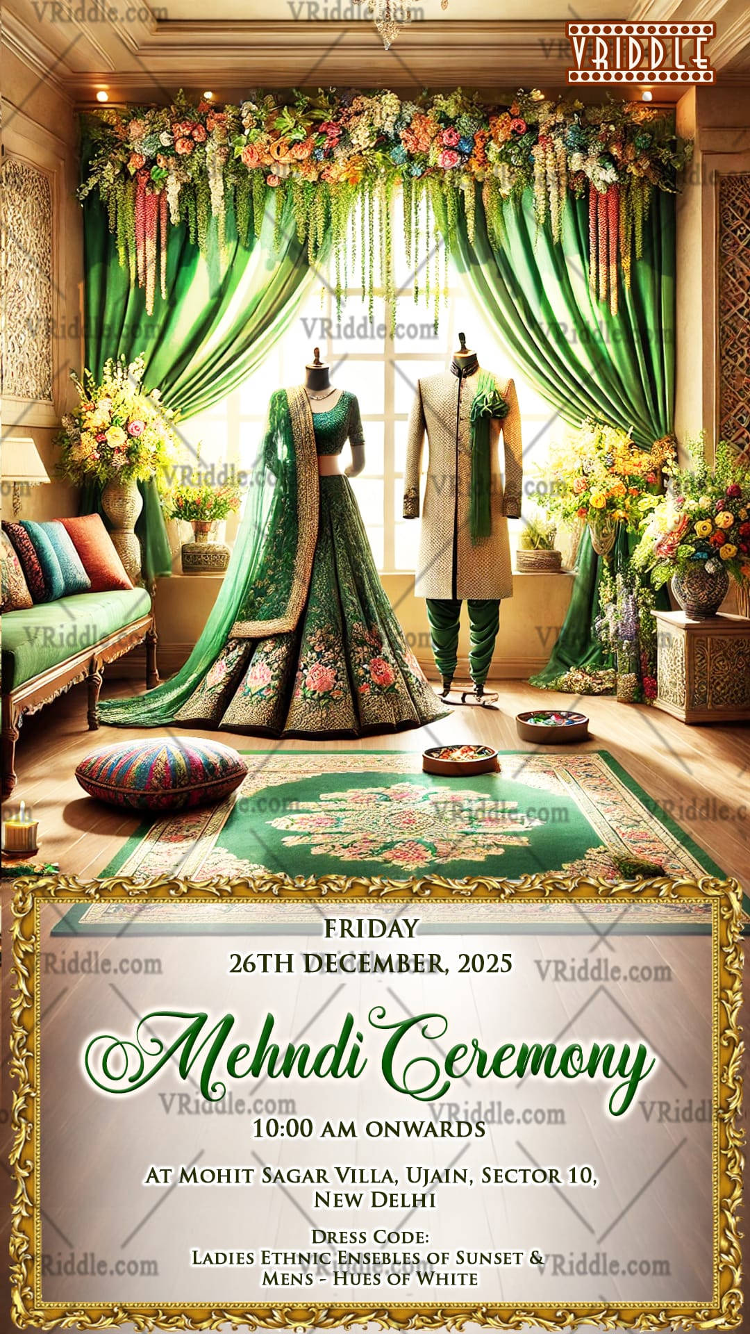 Regal Mehndi Invitation with Floral Decor and Ethnic Green Attire Theme