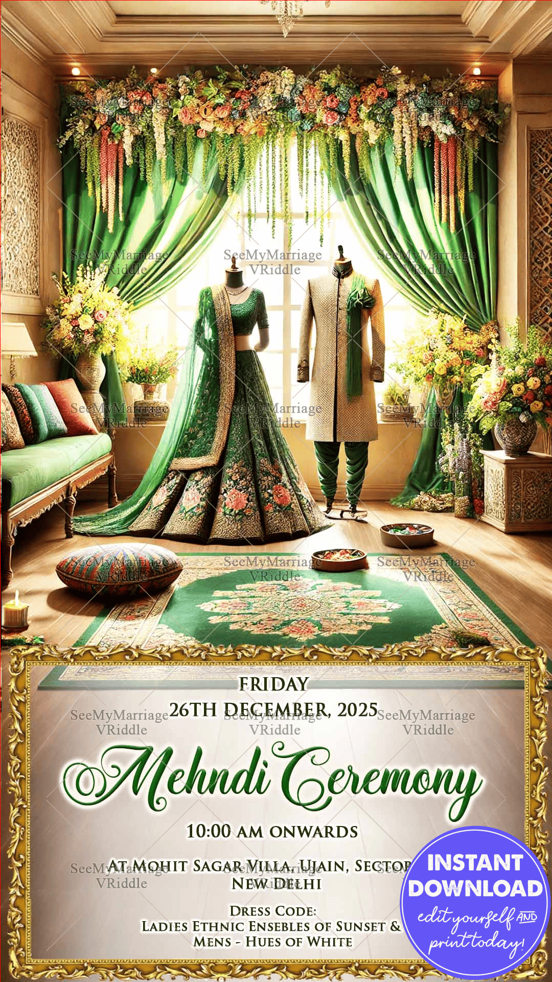 Regal Mehndi Invitation with Floral Decor and Ethnic Green Attire Theme