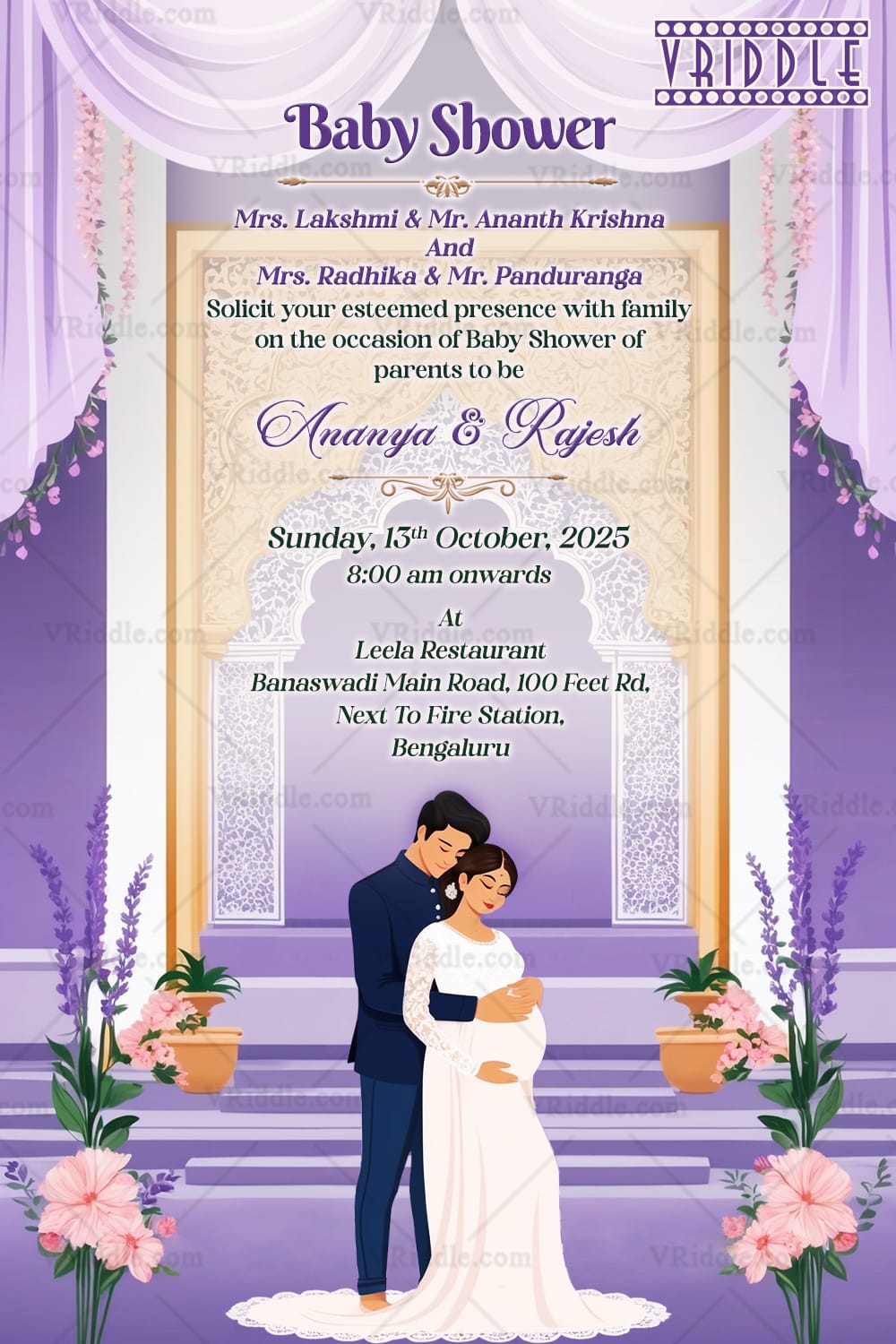 Romantic Couple Baby Shower Invitation Card with Lavender Theme Backdrop