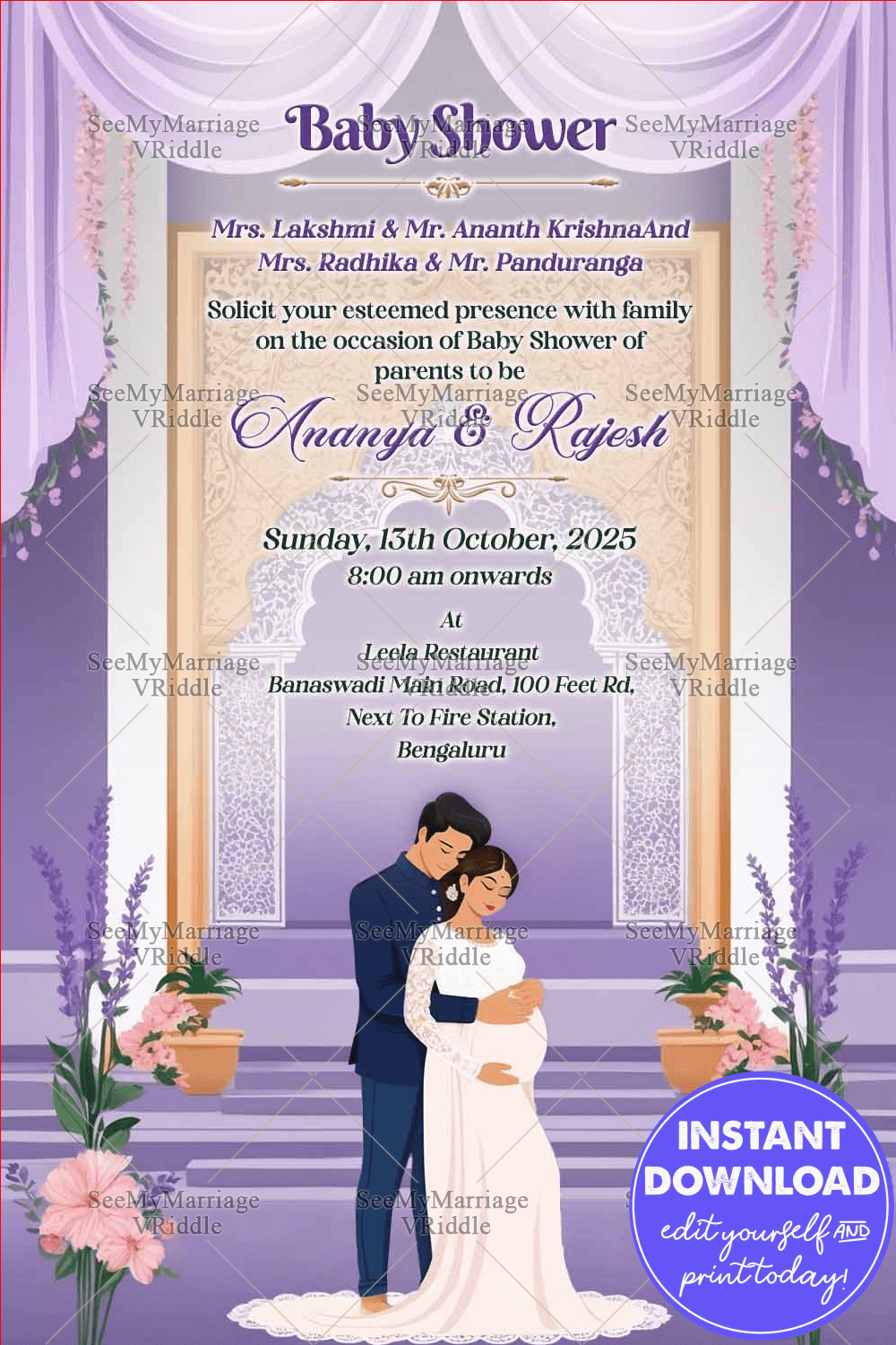 Romantic Couple Christian Baby Shower Invitation Card with Lavender Theme Backdrop