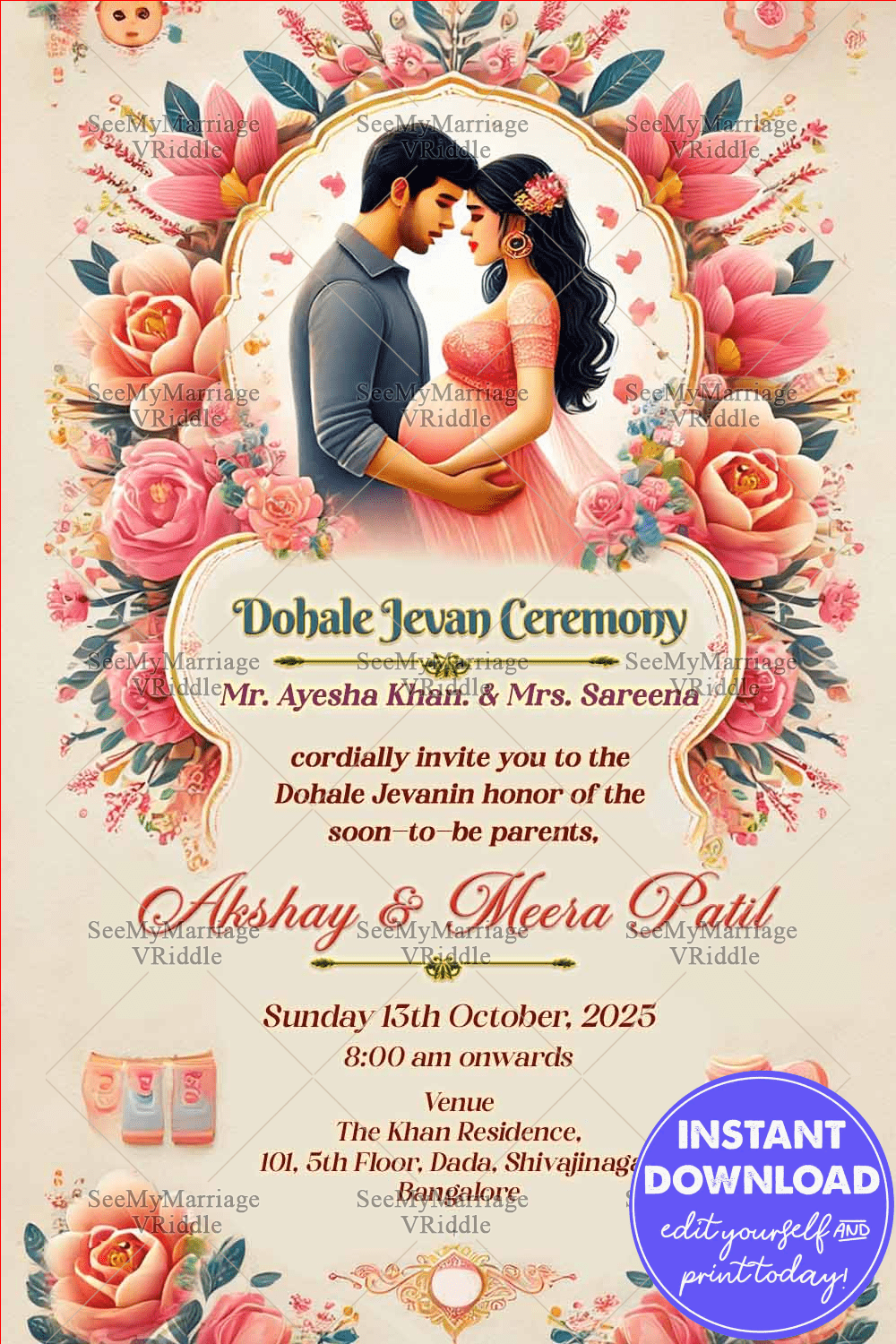Romantic Floral Dohale Jevan Invitation Traditional Baby Shower Card
