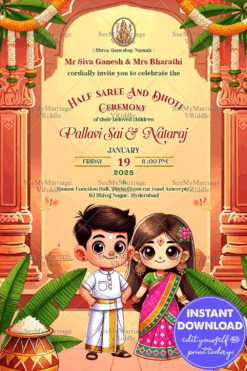 Sacred Traditional Half Saree and Dhoti Ceremony Invitation Card with Ornate Archway Background