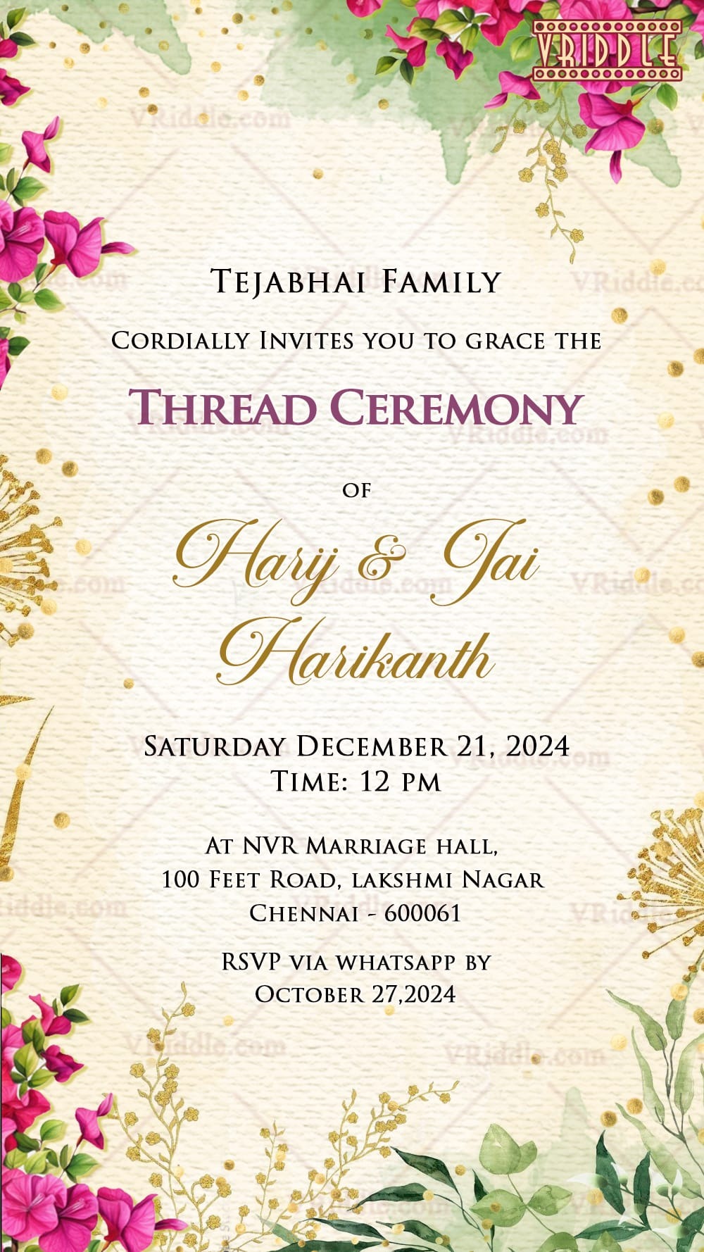 Sacred Upanayanam Ceremony Invitation Card with Pink Floral Design
