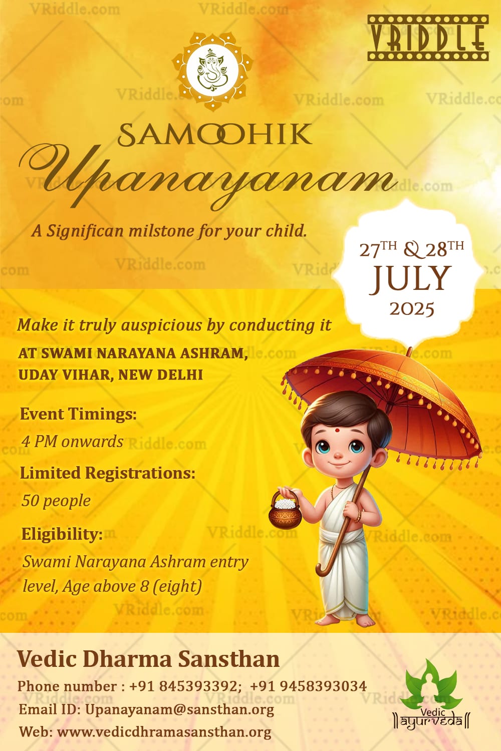 SamooHik Upanayanam Ceremony Invitation with Ganesha Icon and Traditional Boy Illustration