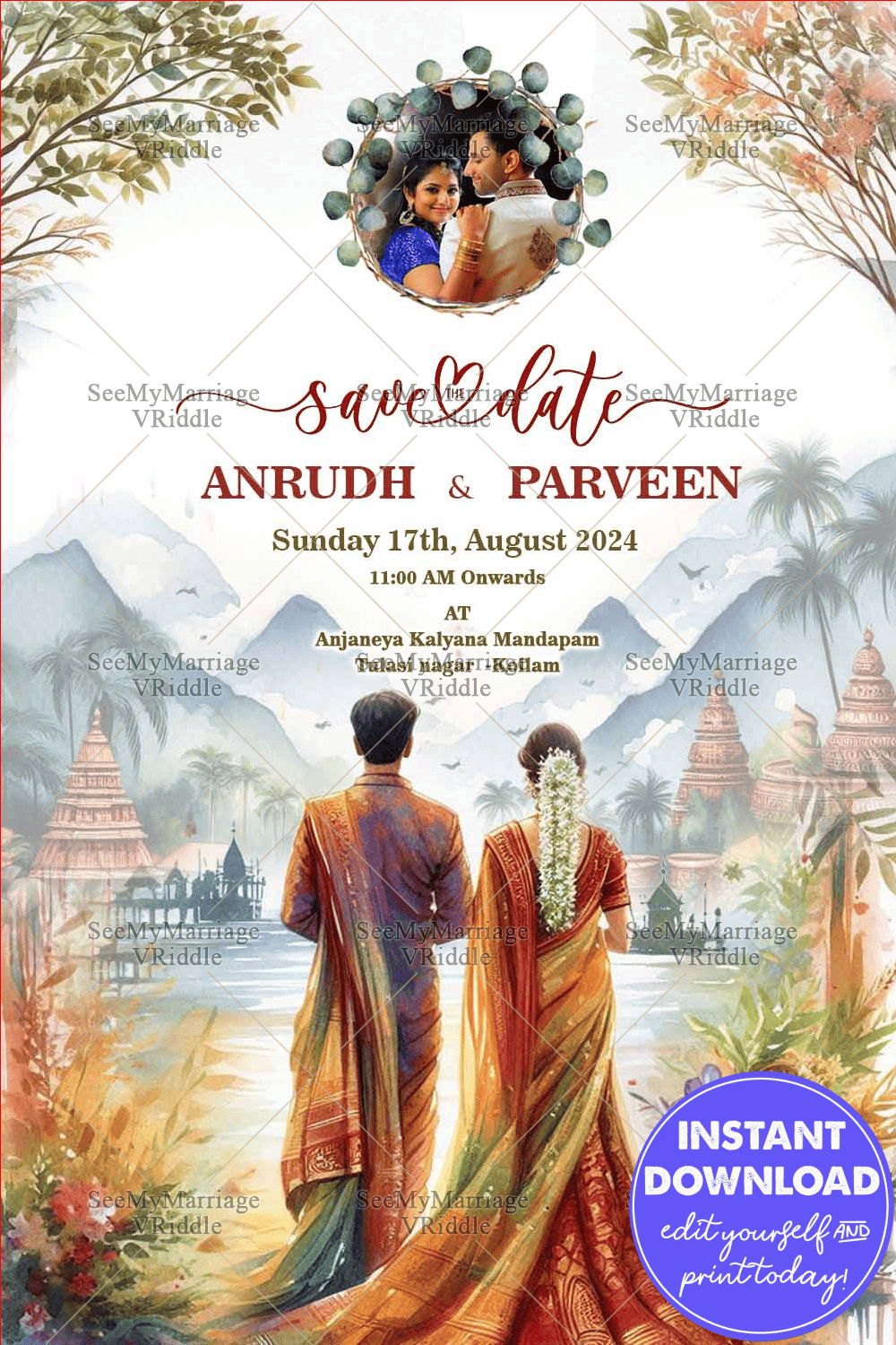 Serene Shores Malayalam Save the Date Invitation Card with Add Photo Background