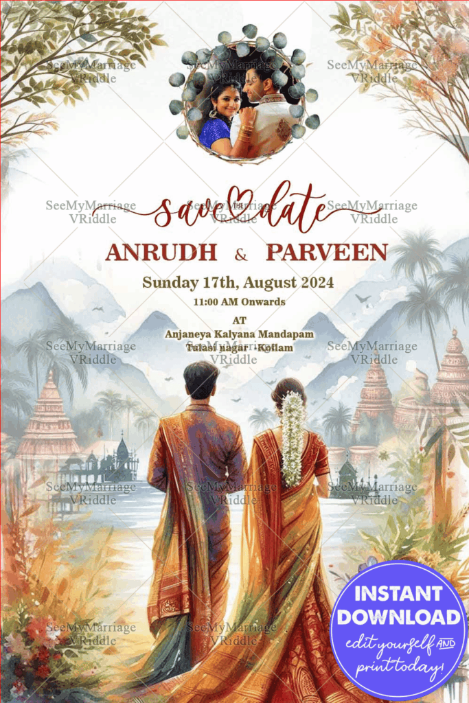 Serene Shores Malayalam Save the Date Invitation Card with Add Photo Background