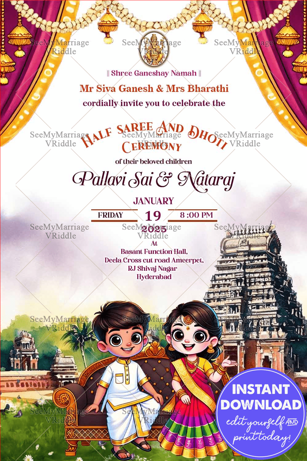 Serene Temple Theme Half Saree and Dhoti Ceremony Invitation Card with Floral Background