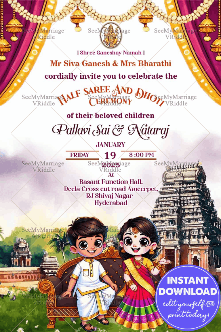 Serene Temple Theme Half Saree and Dhoti Ceremony Invitation Card with Floral Background