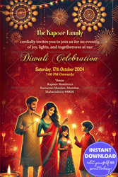 Sparkling Night Theme Diwali Celebration Invitation Card with Family Illustration