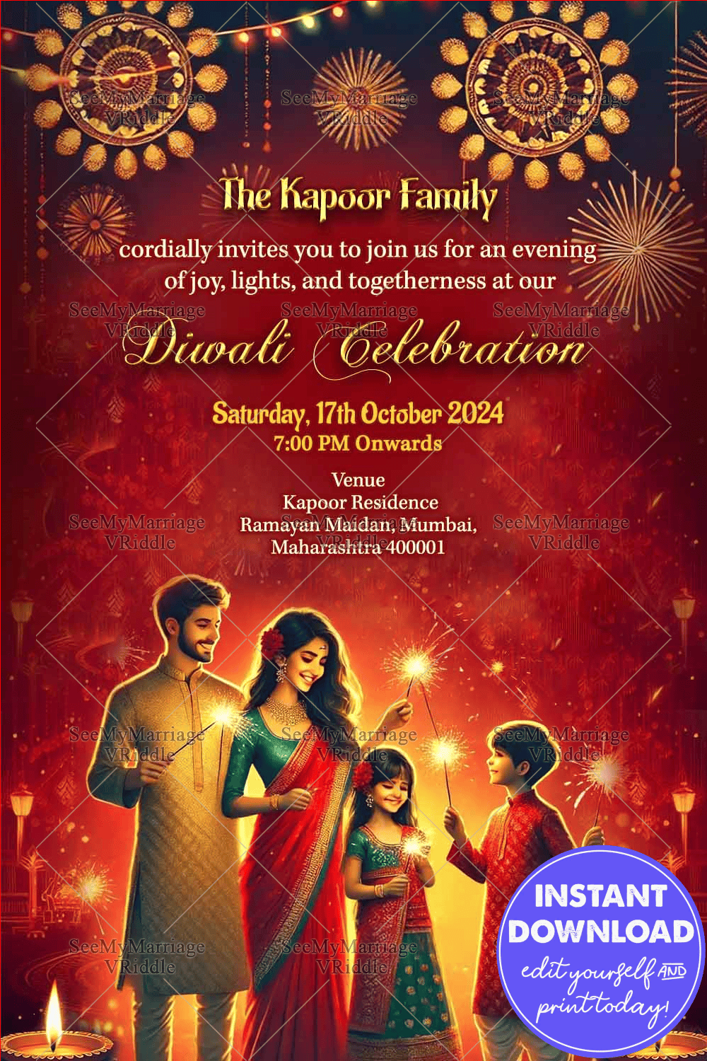 Sparkling Night Theme Diwali Celebration Invitation Card with Family Illustration