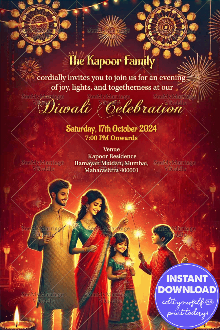 Sparkling Night Theme Diwali Celebration Invitation Card with Family Illustration