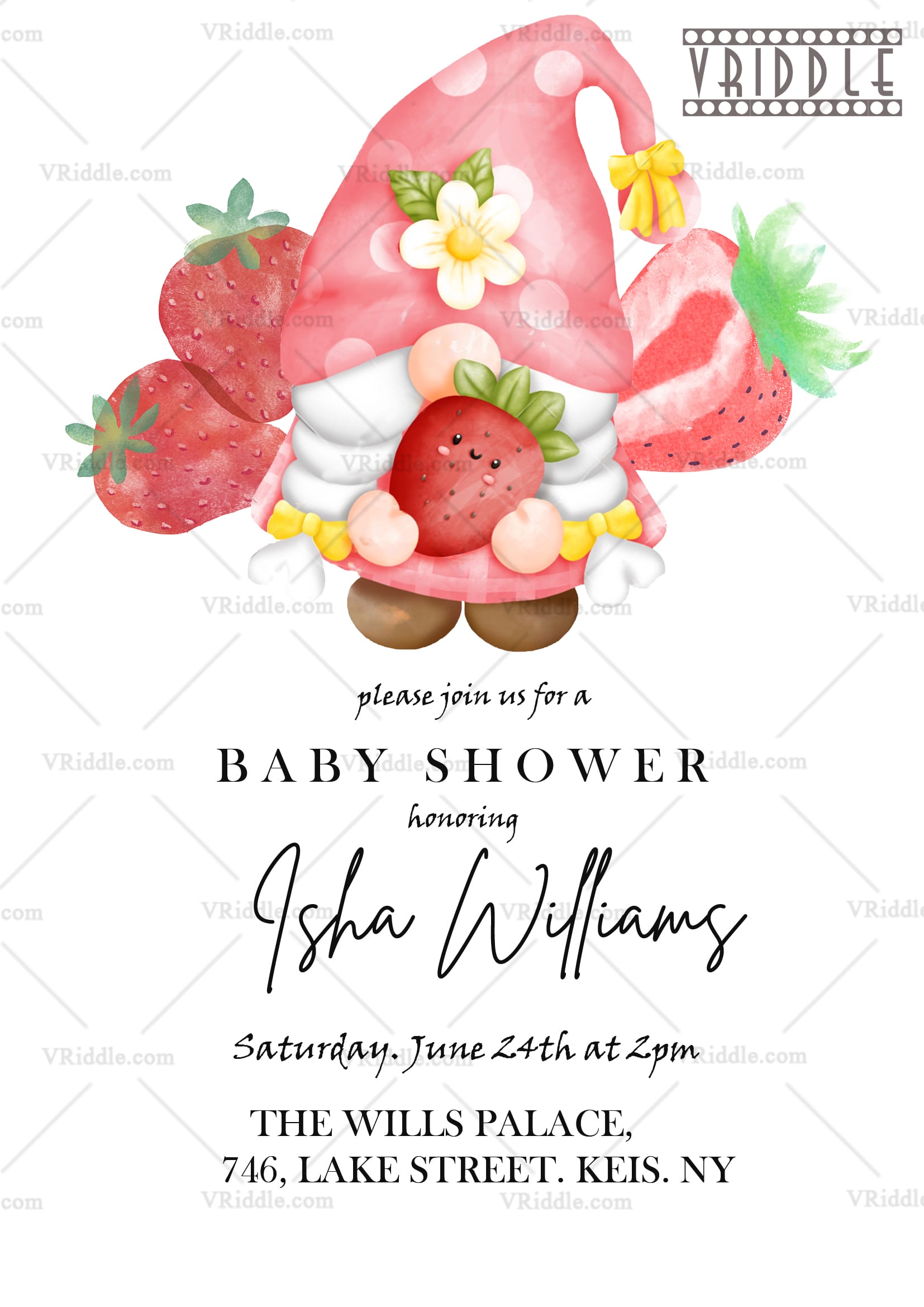 Strawberry Gnome Baby Shower Invitation for Isha Williams