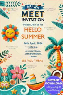 Sunny Tropical AFFWA Meet Invitation with Palm Tree and Ocean Theme