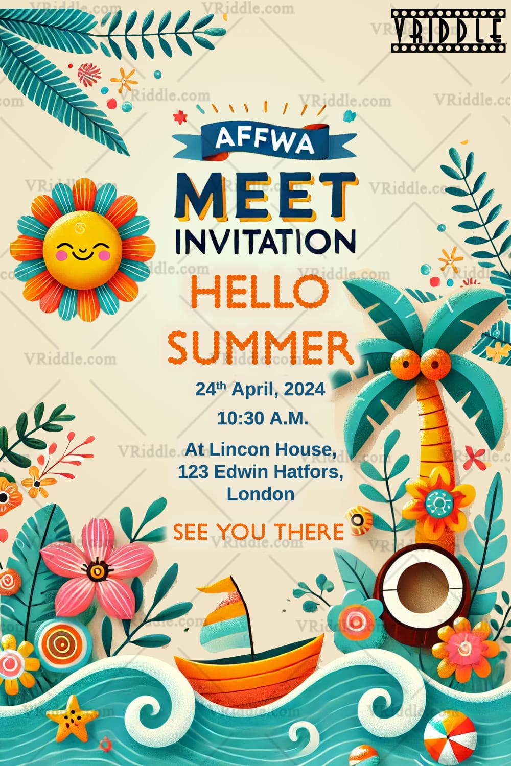 Sunny Tropical AFFWA Meet Invitation with Palm Tree and Ocean Theme