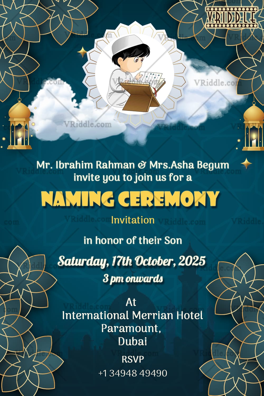Teal Islamic Naming Ceremony Invitation with Golden Lanterns and Floral Accents