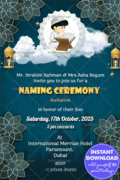 Teal Islamic Naming Ceremony Invitation with Golden Lanterns and Floral Accents