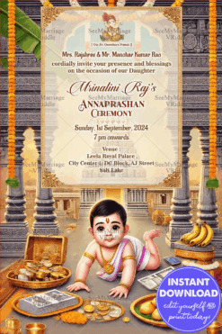 Temple-Themed Annaprashan Ceremony Invitation with Baby Illustration