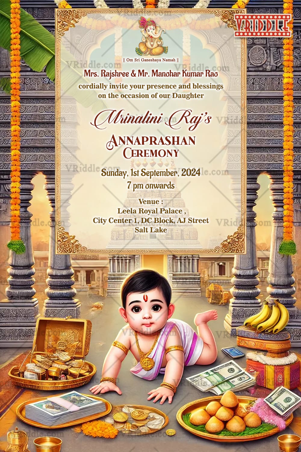 Temple-Themed Annaprashan Ceremony Invitation with Baby Illustration