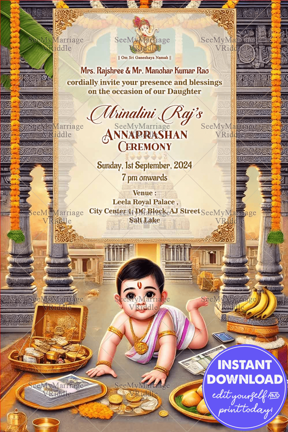 Temple-Themed Annaprashan Ceremony Invitation with Baby Illustration