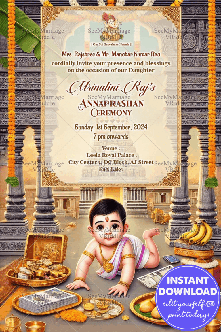 Temple-Themed Annaprashan Ceremony Invitation with Baby Illustration
