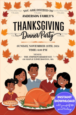 Thanksgiving Dinner Party invitation Card with Family Gathering Illustration