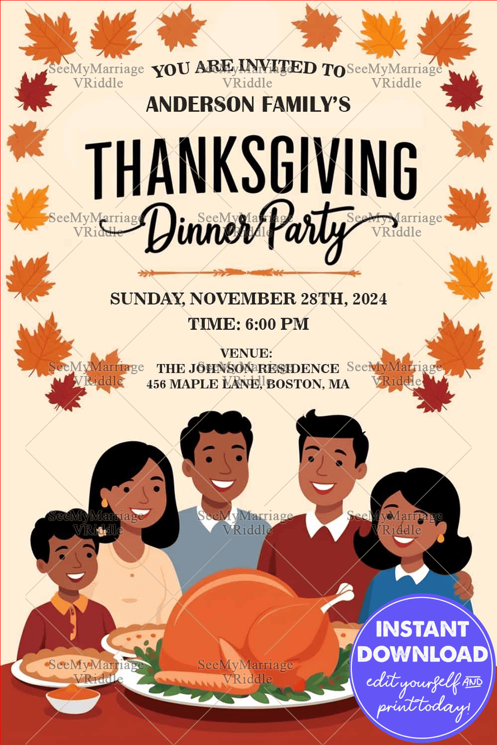 Thanksgiving Dinner Party invitation Card with Family Gathering Illustration