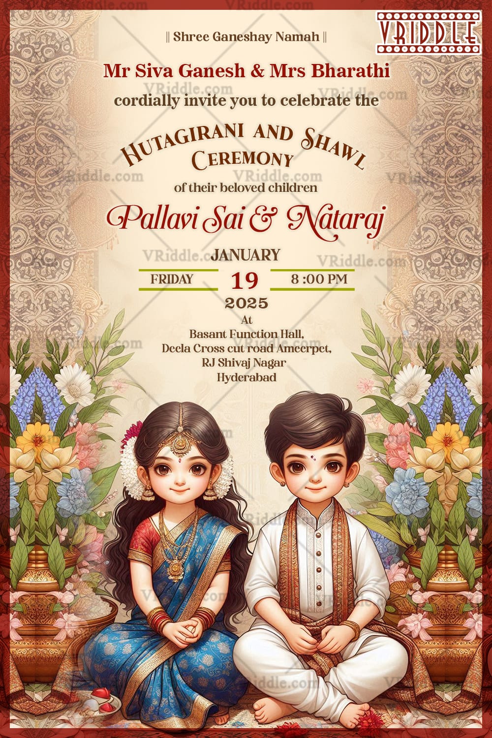 Traditional Ceremony Invitation with Floral Decor and Kids Illustration
