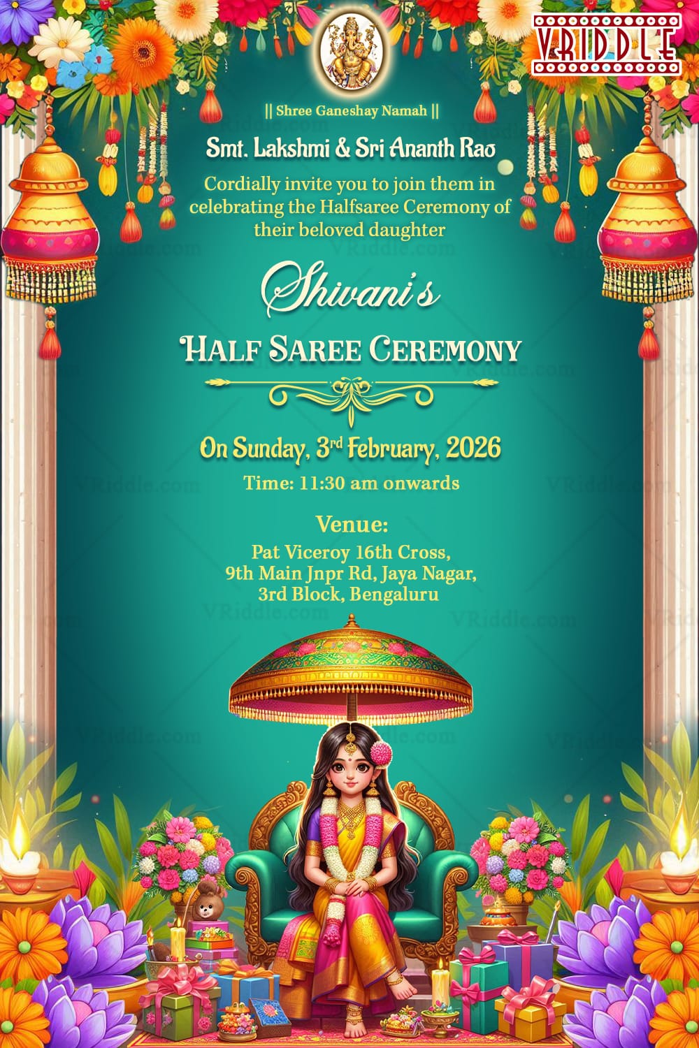 Traditional Floral Half Saree Ceremony Invitation