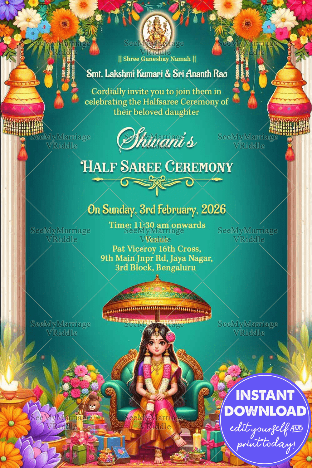 Traditional Floral Half Saree Ceremony Invitation